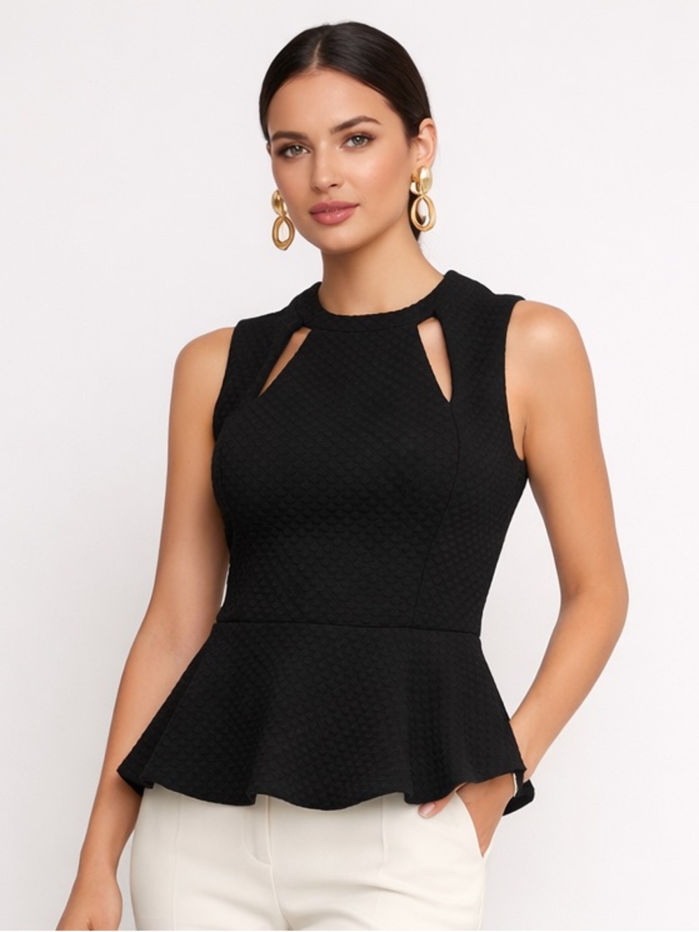 Trina Turk Black Quilted Peplum Top Large Textured Sleeveless romantic Blouse L